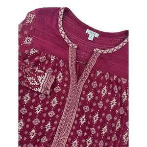 Lucky Brand Womens Burgundy Medallion Print Pointelle Yoke Split Neck Top Medium